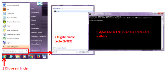 Figura 3 – Passos para acessar o Prompt do MS-DOS