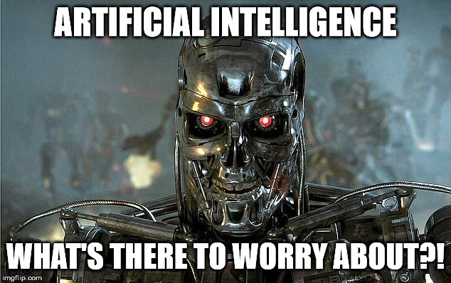 Frame do filme O Exterminador do Futuro com a frase "O que há para se preocupar com Inteligência Artificial?", em inglês