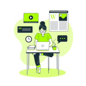 ilustração em tons de verde de uma mulher com coque, calça e camiseta, sentada de frente a um computador, com balões destacando-se a seu redor, referentes à internet