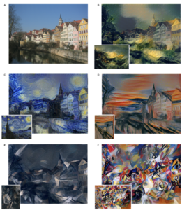 imagens de várias pinturas famosas, como Noite Estrelada de Van Gogh, e O Grito de Edvard Munch, e figuras feitas à derivação dos quadros, com padrões de cores e direções.