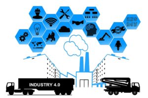 desenhos de dois caminhões pretos, indústrias, texto "indústria 4.0", internet das coisas, fundo de imagem com vários losangos e símbolos, como wifi, nuvem, obra, lâmpada, cérebro, mapa