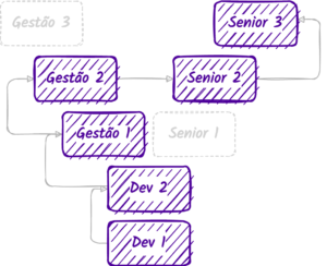 o mesmo fluxo anterior em formato de Y, onde as caixas de dev 1, dev 2 estão pintadas depois gestão 1, gestão 2 e uma seta para senior 2 e depois senior 3