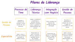 quadrados que representam visualmente os mesmos textos descritos no texto anterior dividindo os pilares por gestão de pessoas e especialista.